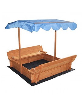 Covered Convertible Outdoor Sand Pit Fir Sandbox with Canopy & 2 Bench Seats for Kids