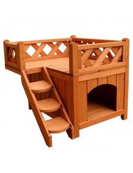[US-W]Pet Wooden Cat House Living House Kennel with Balcony Wood Color