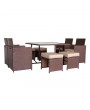 9 Pieces Wood Grain PE Wicker Rattan Dining Ottoman with Tempered Glass Table Patio Furniture Set