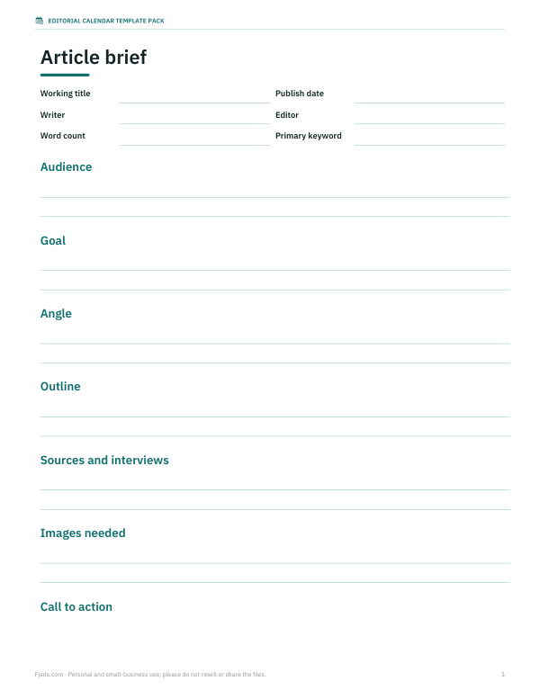 Preview of Printable Article Brief Template